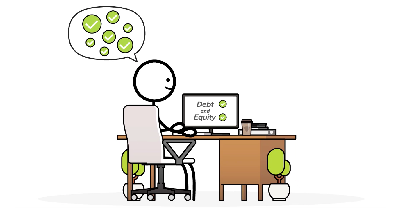 A stick figure working on his computer desk with a thought bubble showing Debt and Equity (or Stocks and Bonds) with check marks.