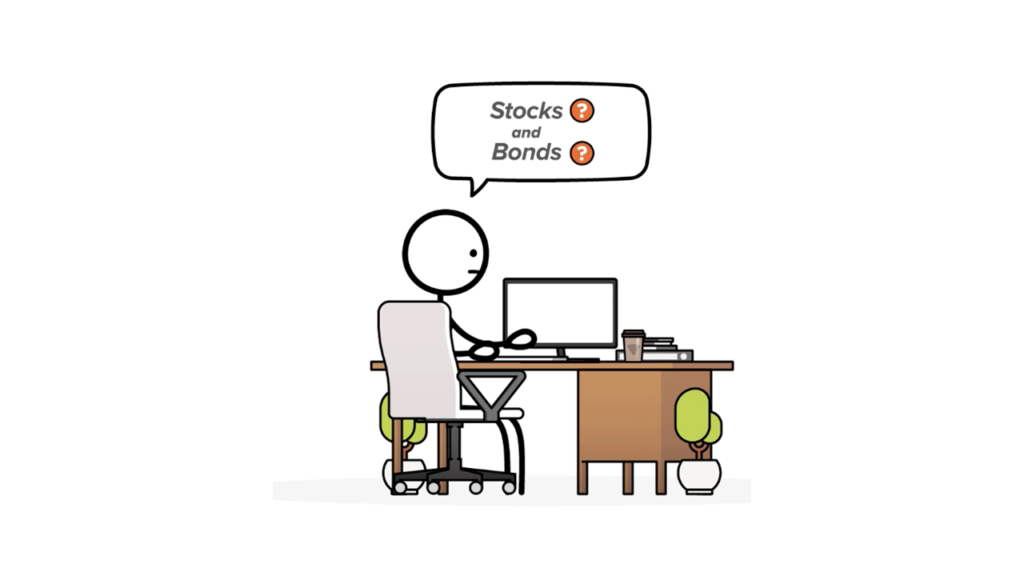 An image showing a stick figured working at desk confused about the difference between stocks and bonds