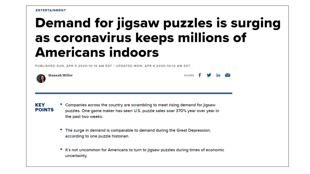 An excerpt from a CNBC article showing a one-time spike in puzzle demand due to the pandemic.