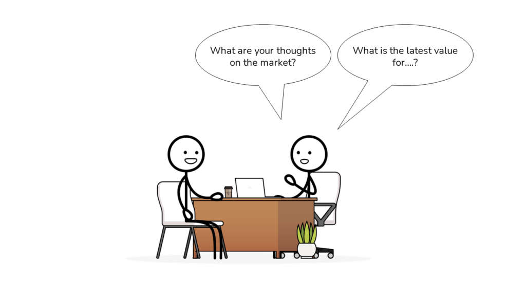 a stick figure interviewing an investment banking job candidate asking about market related interview questions 