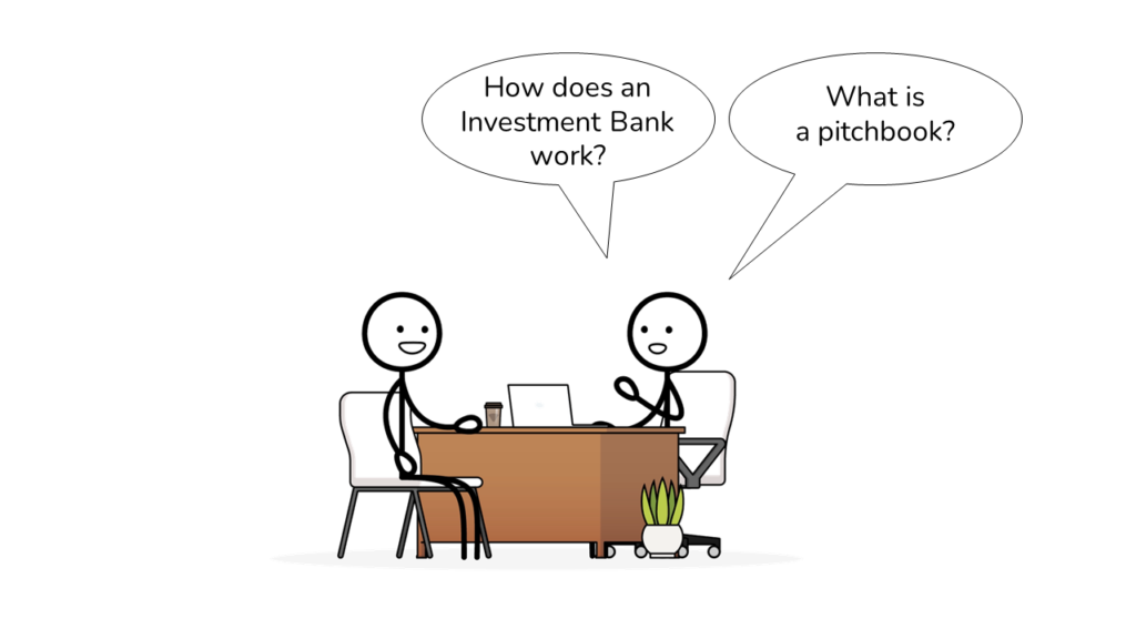 a stick figure interviewing an investment banking job candidate asking about the investment banking industry