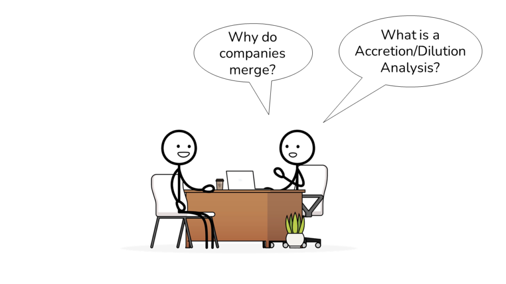 a stick figure interviewing an investment banking job candidate asking about mergers and acquisitions