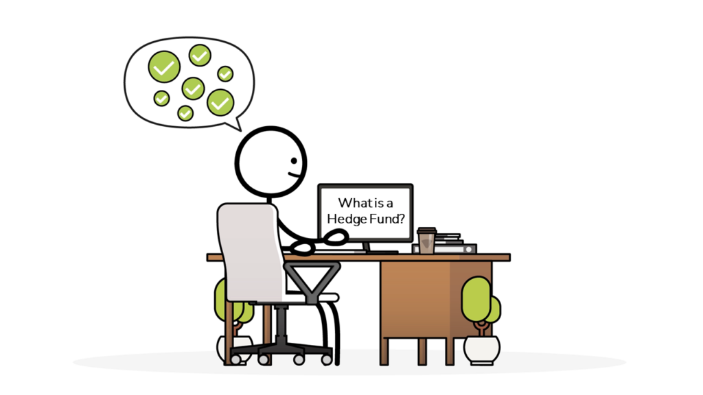 a stick figure sitting at a desk understanding the question, 'What is a Hedge Fund?"
