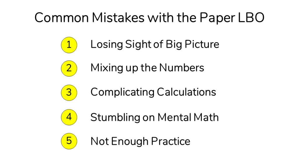 A list of the five most common mistakes made by interviewees on the Paper LBO exercise.