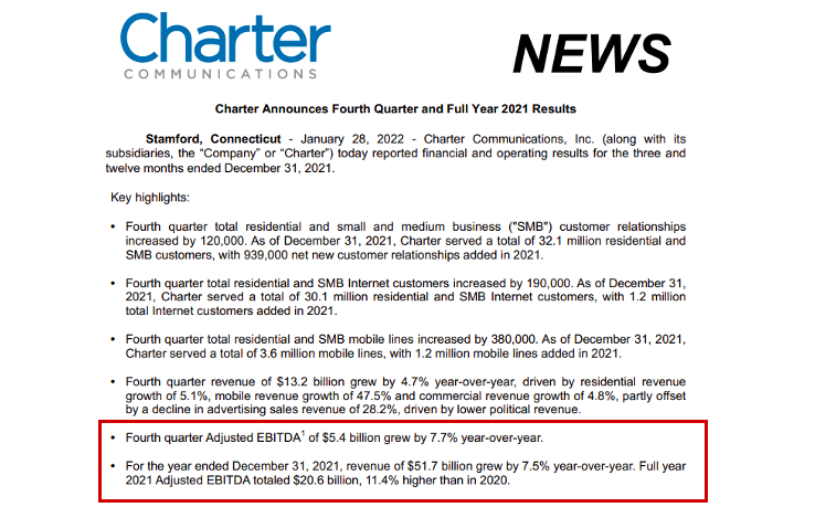 An example of Charter Communications (Spectrum) announcing EBITDA results
